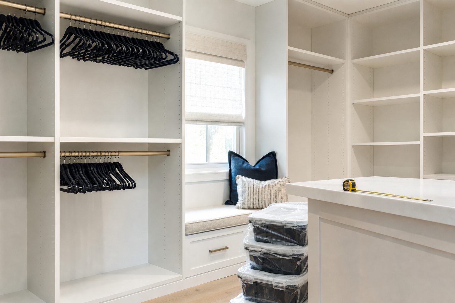 Half finished white walk-in closet with empty shelving, a tape measure and stacked bins