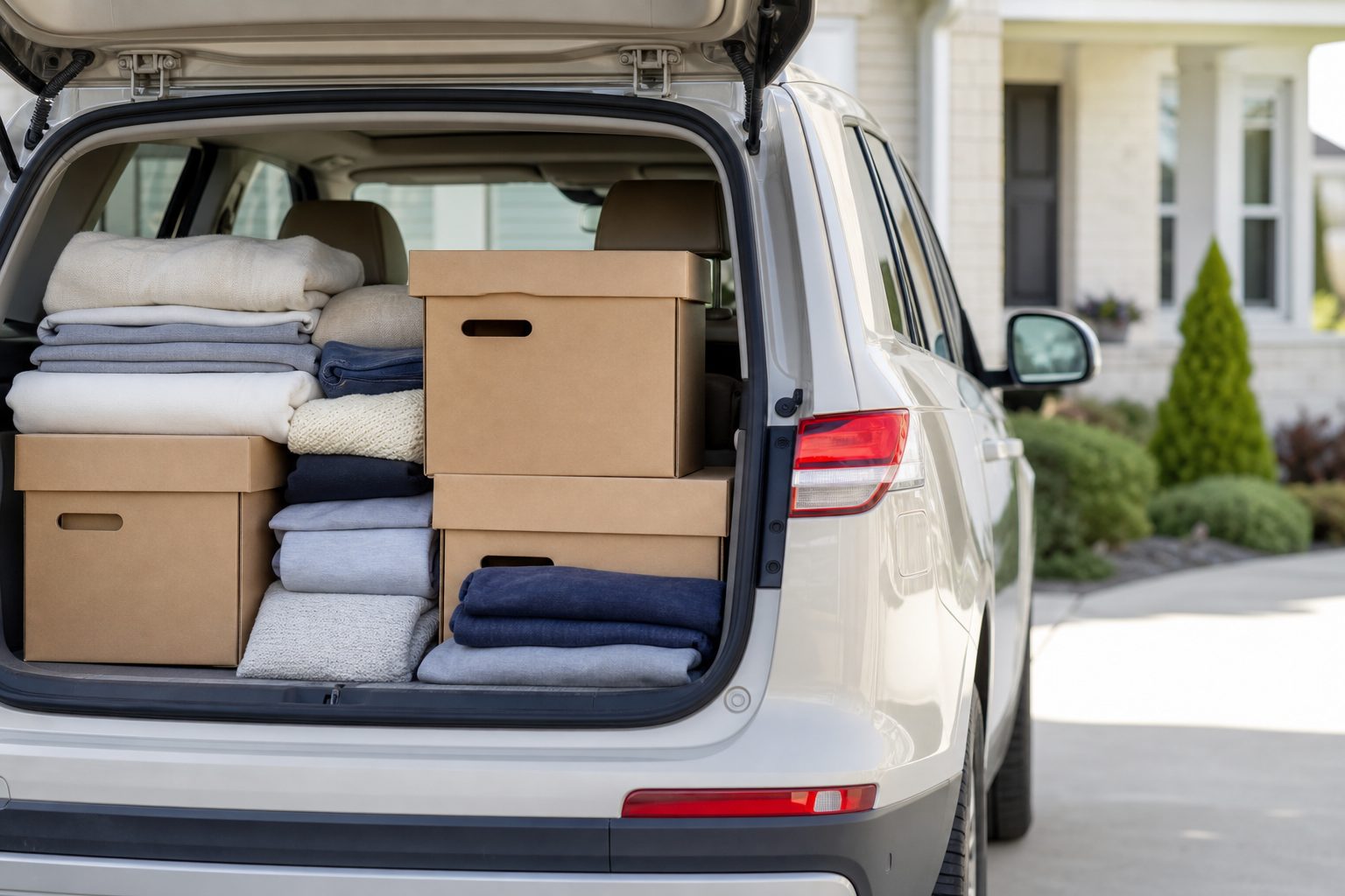 Neatly stacked donation boxes loaded into the back of a light colored SUV in a bright driveway
