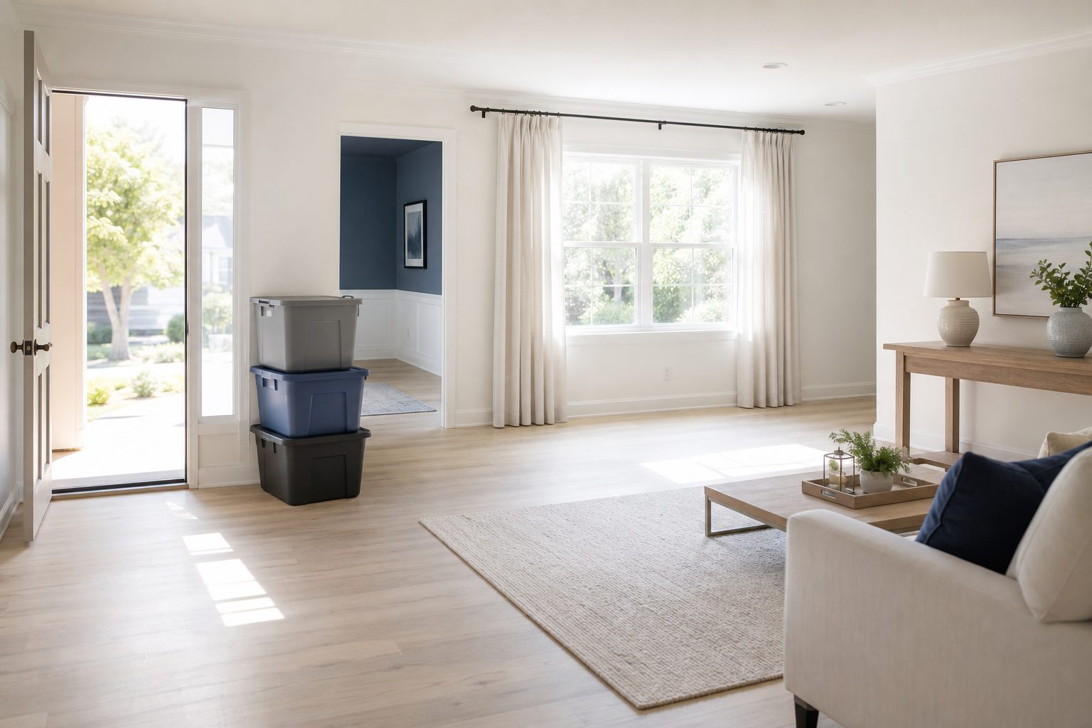 Bright cleared living room with sunlight on pale floors and a few labeled bins by the doorway