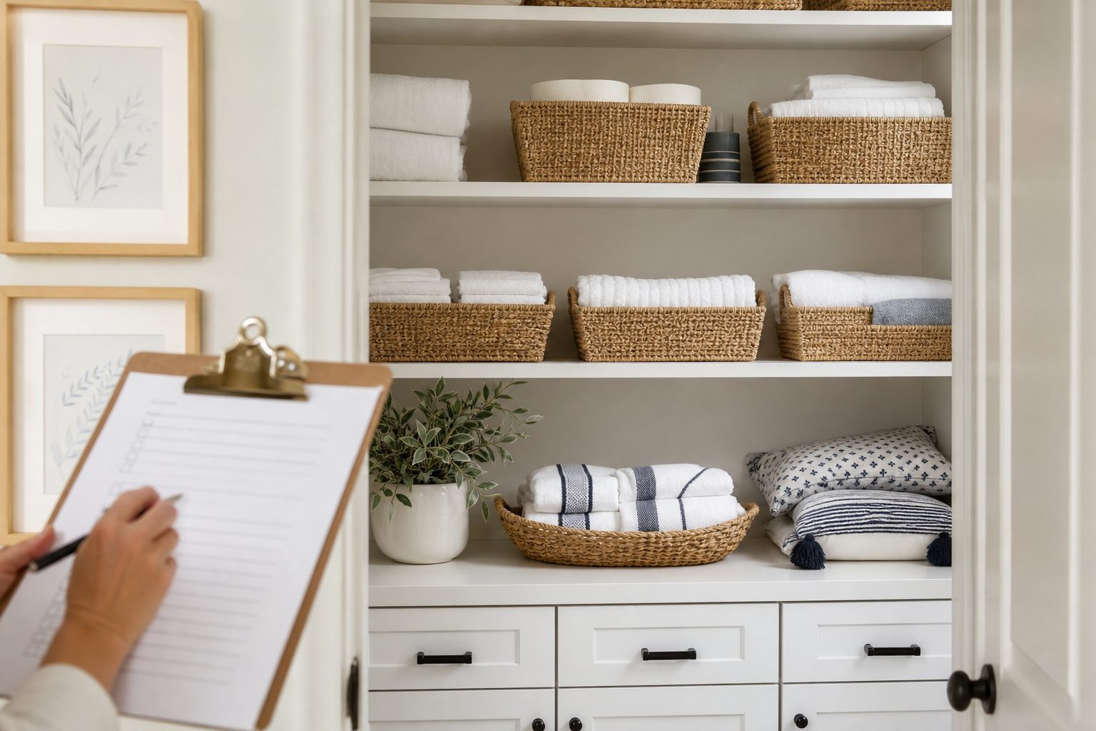 Finished linen closet with folded towels in labeled baskets and a clipboard held in the foreground