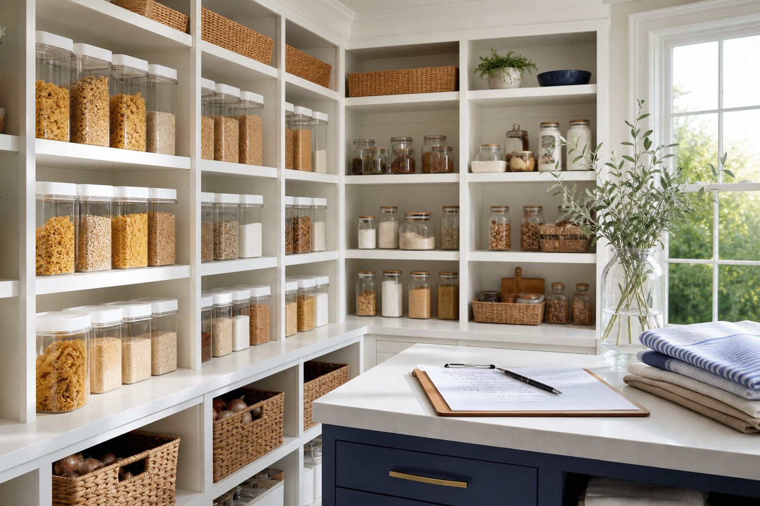 Bright white pantry with labeled clear canisters and a clipboard estimate resting on the counter