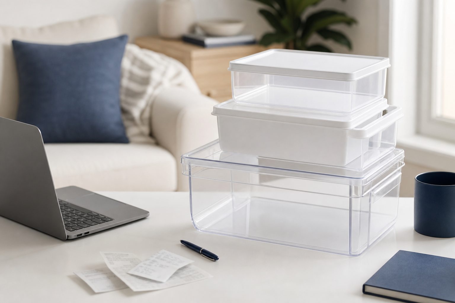 Stack of new white storage bins beside a laptop and paper receipts on a bright white desk