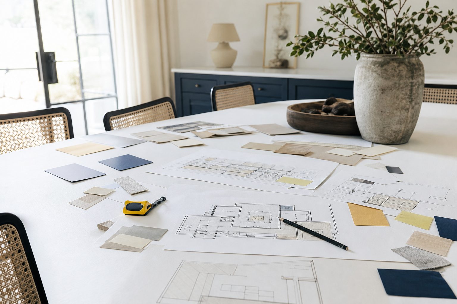 Hand drawn floor plan and colored sticky notes spread across a bright white dining table