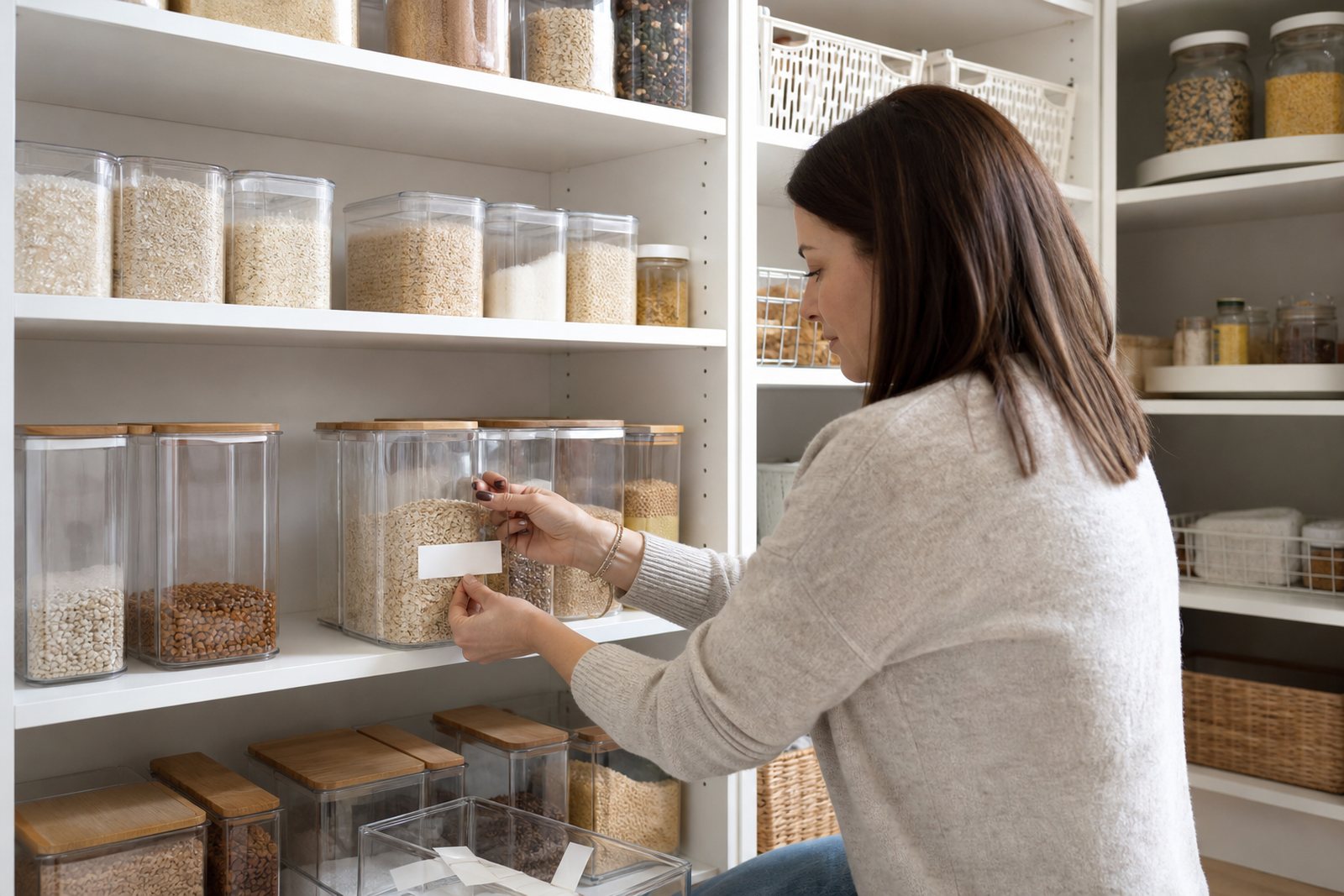 A professional organizer applying a printed label to a clear container on a bright, fully organized pantry shelf