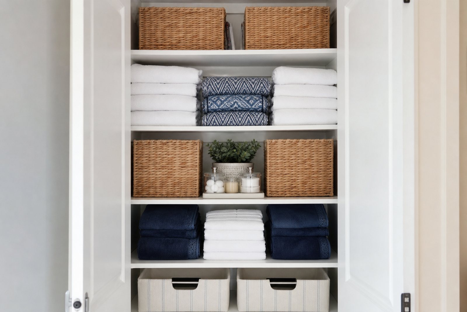 An organized linen closet with folded white towels and woven baskets on painted shelves in bright daylight